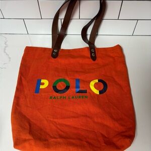 Ralph Lauren POLO Logo Leather-Trim Twill Shopper Tote Shoulder Messenger Bag